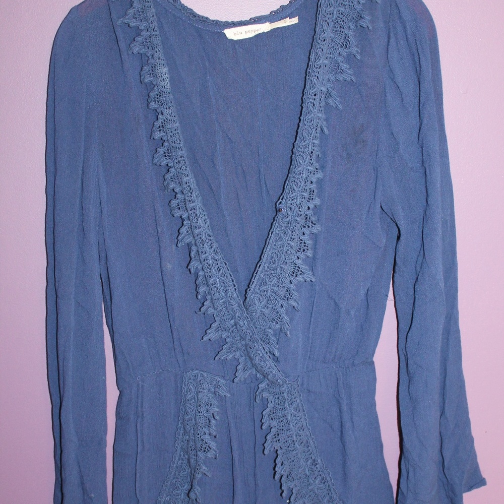 Blue Long Sleeve Lace Detail Romper